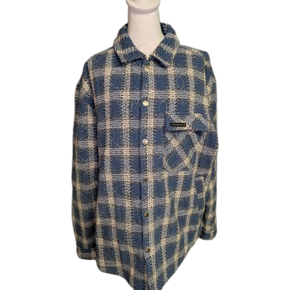 YoungLA Quilted Plaid Shacket Jacket Men's Size Large Blue White Streetwear